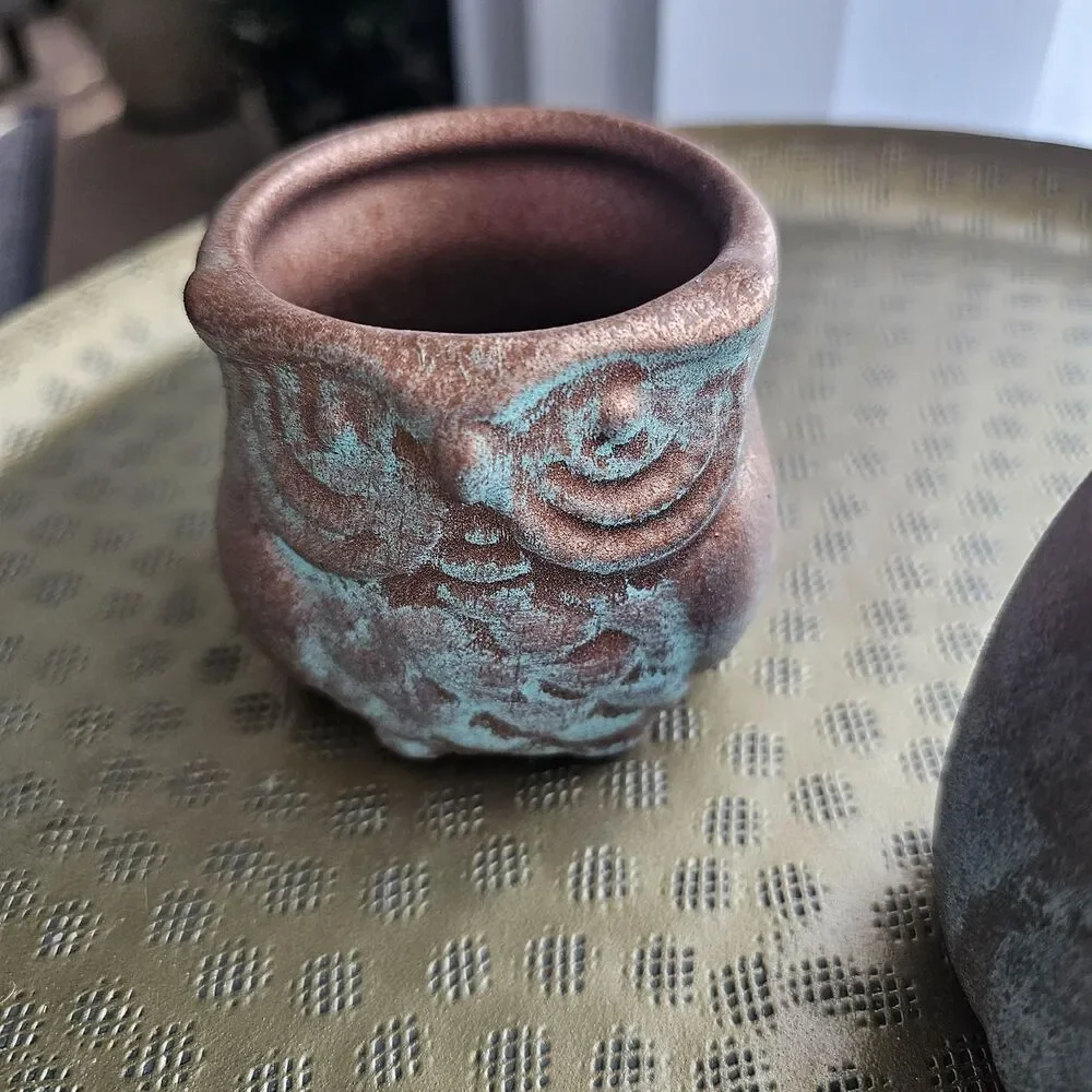 Upcycled Ceramic Owl Trio Rustic Copper Patina Finish Versatile Fall/Halloween